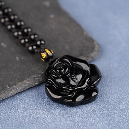 Black Obsidian Necklace Natural Crystal Amulet Protection Pendant with Adjustable Rope Lucky Talisman Necklaces Jewelry Gift for Men Women - color: Rose Beaded Rope