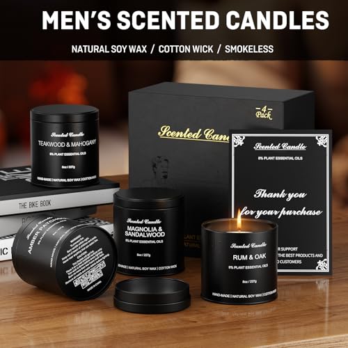 Men's Scented Candles Gift Set - 4 Pack Luxury Masculine Scented Candles for Men, 8oz Natural Soy Wax Candles with 8% Essential Oil, Long Lasting Aromatherapy Candles for Home Fragrance,Men,Him - size: Pack of 4