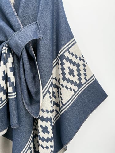Women's Elegant Shawl Wraps, Soft Open Front Poncho Cape, Reversible Casual Cardigan Shawls for Gift Travel - color: Bronze Blue-white