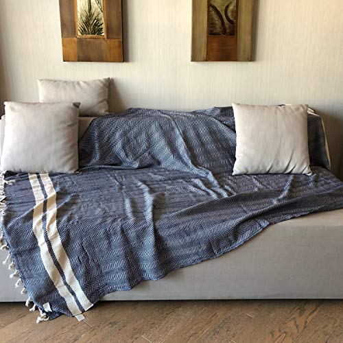 Bersuse 100% Cotton Herringbone XL Throw Blanket for Couch - 100% Cotton Lightweight Durable Throw Blanket, Big Blanket for Sensitive Skin, Decorative and Versatile - 63x94 Inches, Dark Blue