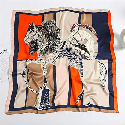 100% Pure Mulberry Silk Scarf 35" Large Square Lightweight Headscarf –Women’s Hair Wraps-With Gift Packed - color: Horse