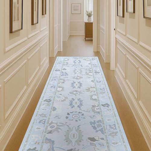 Fame Living Cream Blue Oushak Runner Rug, Modern Runners, Vintage, Turkish, Eclectic, Floral, Pastel, Washable, Long Runner Rugs for Hallway, Kitchen, Living Room, Bedroom, Kitchen, Bathroom, 2'5"x13' - color: Cream Blue, size: 2'6" x 13' (Rectangular)