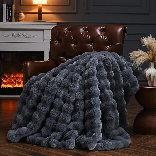 Faux Fur Throw Blanket for Couch, Fluffy Fuzzy Plush Bubble Blanket, Soft Warm Cozy Shaggy Rabbit Blanket, Luxury Decorative Gifts for Sofa Bedroom Living Room, 60x50inch (Grey) - color: Grey, size: 60x50inch