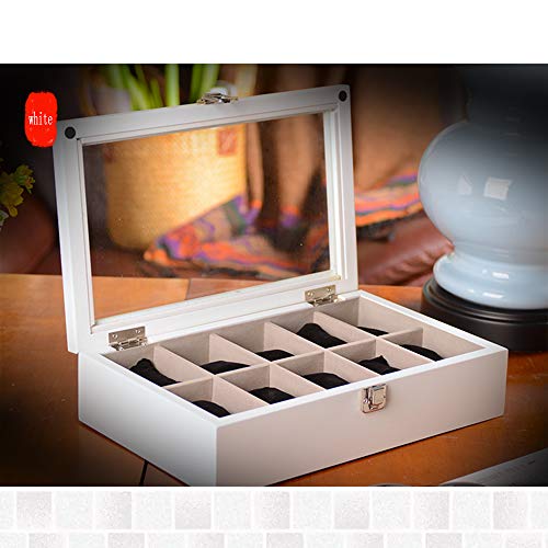 Large Solid Wood Storage Box with 12 Compartments and Glass Lid - Multi-Functional Organizer for Home, Office, Crafts, and Toys - size: white