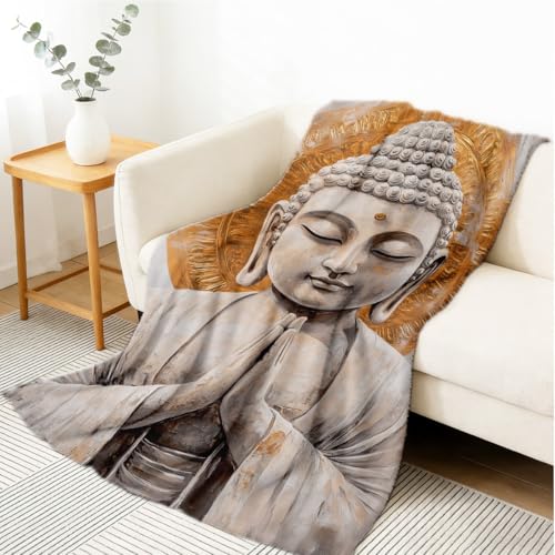 Buddha Throw Blanket Religious Prints Blanket Flannel Soft Zen Meditation Yoga Home Decor Cozy Spiritual Gifts 49"x59" - color: Gray, size: 49"x59"