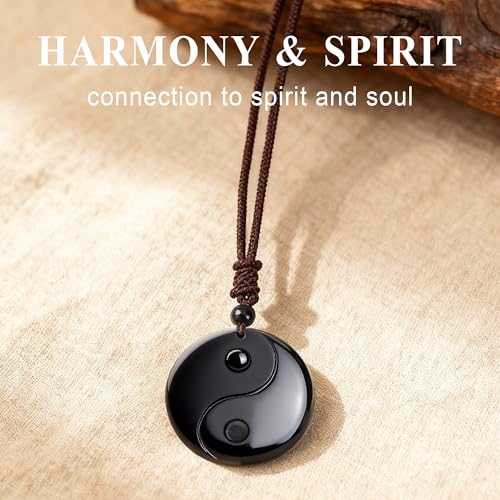 Black Obsidian Yin Yang Necklace for Men Women, Tai Chi Pendant Obsidian Balance Necklace for Releasing Negativity, Talisman Spiritual Healing Jewelry for Protection Amulet - color: Black-1