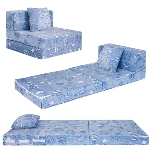 MeMoreCool Glow Space-Themed Tri-fold Sofa Bed for Kids, Foldable Futon Chair and Floor Couch with Planets and Stars for Playroom - color: Denim Planet