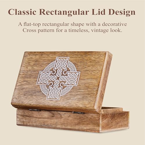 Ajuny Handmade Decorative Wooden Jewelry Box Celtic Cross Design Multipurpose Treasure Chest Storage Organizer Trinket keepsake Necklaces Watch Boxes, Great Gifts - 8x5 Inch - style: Celtic Cross White
