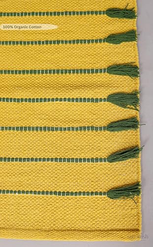 Handwoven Cotton Yoga Mat 24x72 Inch, Non-Slip Natural Yoga Rug, Soft Breathable Exercise Mat for Yoga, Pilates, Meditation & Home Workout, Green Yellow