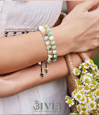Bivei Natural Gemstone Semi Precious Crystals Handmade Stretchy Round Beads Bracelet, Enhance Positive Energy(Adjustable Bamboo Leaf Agate & Amazonite(Good Luck) Adjustable(6.9-8.5'))