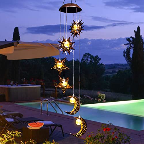 Tryme Solar Wind Chimes for Outside with Sun Moon Star Solar Hanging Lights Windchimes Outdoors Garden Decor Gifts for Mother, Grandma, Sister