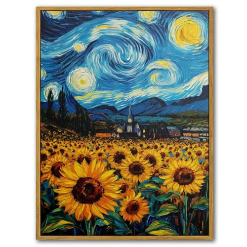 Starry Night Inspired Sunflower Field Canvas Wall Art - Van Gogh Impressionist Print - Colorful Home Decor for Living Room Bedroom Bathroom - HD Waterproof Stretched Framed Ready to Hang 16x24 Inches - color: Sunflower (Vintage Framed), size: 24"L x 16"W