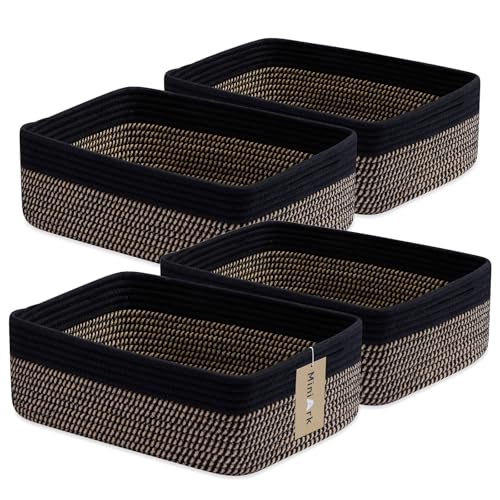 MiniArk Large Shallow Organizing Baskets 15x11x5.1 Inches - Rope Woven Storage Bins for Bathroom, Shelves, Cube Closet, Black Woven Brown 4 Packs - color: Black & Woven Brown, size: 4pcs-L15×W11×H5.1"