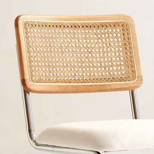 Natural Rattan Counter Height Stools Set of 2 with Solid Wood Back, 24 Inch Mid Century Modern Cesca Bar Stools, White Upholstery Boho Stool for Kitchen Counter with Chrome Metal Legs - color: White, size: 2PCS-24'' Counter Height Stool