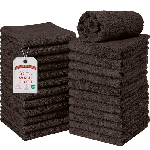 RIVERSIDE Pack of 24 Wash Cloths for Showering, 12 x 12 Inches, Super Soft & Absorbent, 100% Cotton Washcloths Premium Quality Flannel Face Cloths for Bathroom, Gym, Spa (Coffee Brown, 24 Pack) - color: Coffee Brown