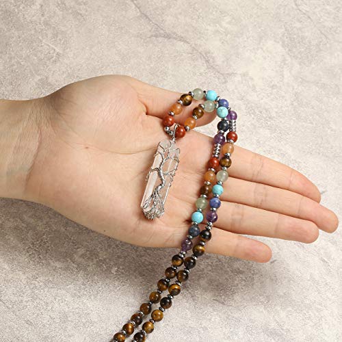 Jovivi Natural 7 Chakras Healing Crystals Necklace Wire Wrapped Clear Quartz Stone Pendant Healing Pointed Reiki Energy Balancing - color: Tiger Eye
