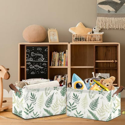 Fern Herbs Storage Baskets,Botanical Leaf Foldable Organizer Bin with Handles for Home Living Room Bedroom Closet Box 17x11.5x10Inch - color: Fern Herbs Botanical Leaf