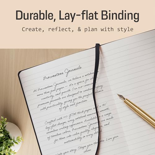 BROWNSTONE JOURNALS A5 Hardcover Lined Journal 5"x8" - Notebook for Work & Writing, 160 Pages Thick 100 GSM Paper, Lay Flat Binding, Elastic Band, Ribbon Bookmark (Charcoal Black) - color: Charcoal Black