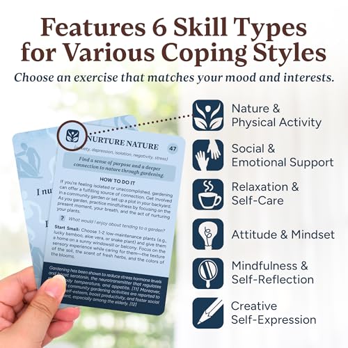 Coping Cards – 65 Skills & Exercises to Cope with Stress, Anxiety, & Anger – 3.5” x 5” Therapy Flashcards with Affirmations and Guidebook – Nurture Emotional Resilience & Mental Health