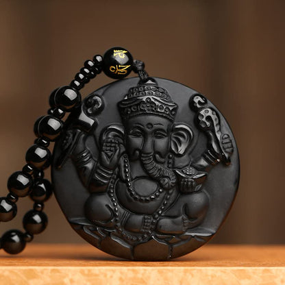 Natural black obsidian rainbow obisidan ice obsidian Maitreya launghing buddha necklace Amulet pendant bead chain - color: Ganesha elephant 2