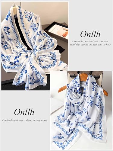 Large Shawl Scarf For Women Lightweight Wraps Silky Headscarf Long Sunscreen Scarfs - color: T8 Blue Plants / 70"x 35"