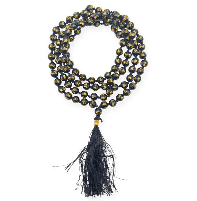 GEMSCITE Japa Mala 108 Prayer Beads Perfect for Meditation Spiritual Mala Necklace & Wrist Mala Bracelet - color: Black Agate (Om), size: Hand Knotted
