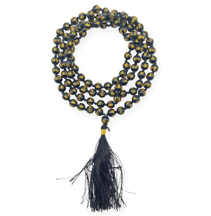 GEMSCITE Japa Mala 108 Prayer Beads Perfect for Meditation Spiritual Mala Necklace & Wrist Mala Bracelet - color: Black Agate (Om), size: Hand Knotted