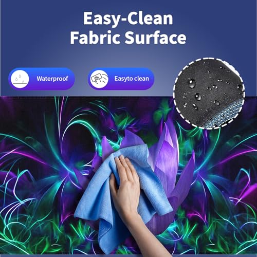 XXL Gaming Mouse Pad with Stitched Edges - Abstract Modern Neon Lotus Painting Purple Glowing Flowers Blossom, Smooth Cloth Surface Anti-Slip Rubber Base Large Desk Mat for Mice & Keyboard - color: Lotus Painting