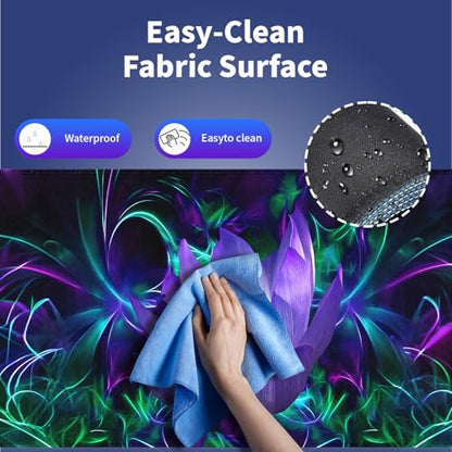 XXL Gaming Mouse Pad with Stitched Edges - Abstract Modern Neon Lotus Painting Purple Glowing Flowers Blossom, Smooth Cloth Surface Anti-Slip Rubber Base Large Desk Mat for Mice & Keyboard - color: Lotus Painting
