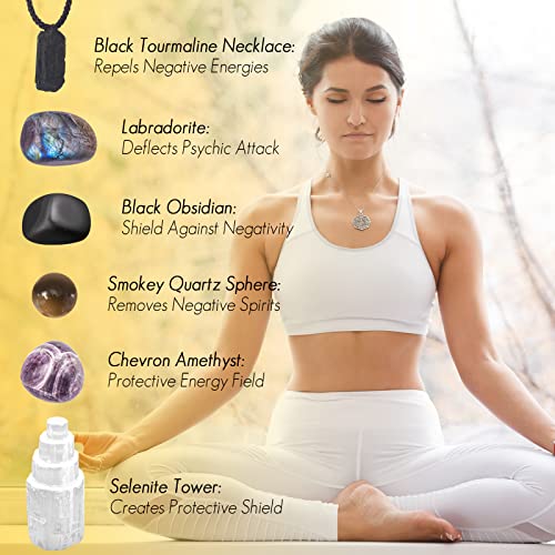Protection Crystals and Healing Stones, Black Tourmaline Necklace, Selenite Tower,Smokey Quartz Sphere,Black Obsidian Healing Crystals Set for Meditation Accessories,Witchcraft Supplies - color: Protection