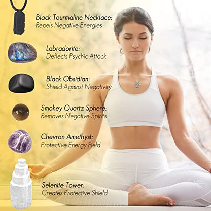 Protection Crystals and Healing Stones, Black Tourmaline Necklace, Selenite Tower,Smokey Quartz Sphere,Black Obsidian Healing Crystals Set for Meditation Accessories,Witchcraft Supplies - color: Protection