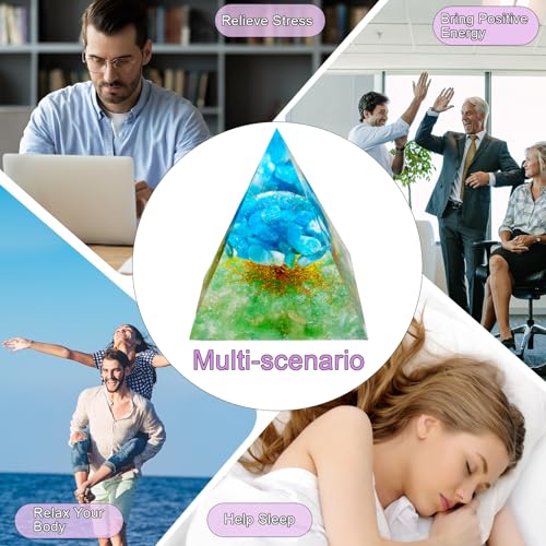 Tree of Life Orgone Pyramid,Natural Green Strawberry&Apatite Orgonite Healing Crystals Pyramid,Crystal Stone Positive Reiki Energy Generator Collection Wealth Lucky Meditation Tool(6cm) - color: Blue Green