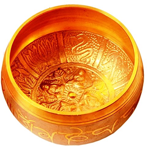 Purpledip Bell Metal Singing Bowl: Tibetan Buddhist Musical Instrument Set For Meditation, 4 inches (11317) - style: Scripture design | 4 inches | Beige