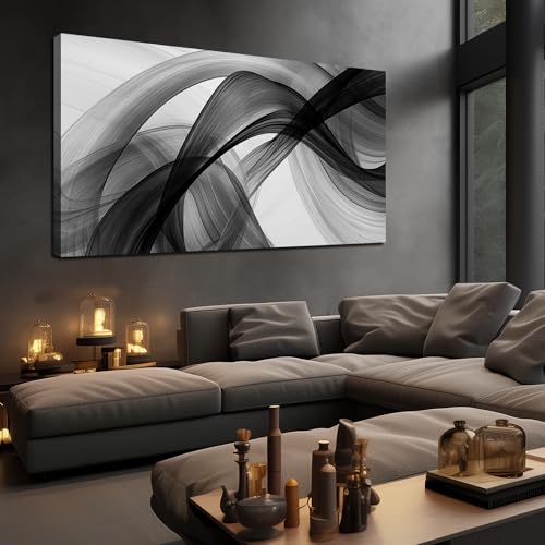 JuhaiArt Abstract Wall Decor Minimalist Black Picture Art White Canvas Wall Art for Living Room Office 29" x 59" Large Modern Poster Artwork - color: Black, size: 59"L x 29"W