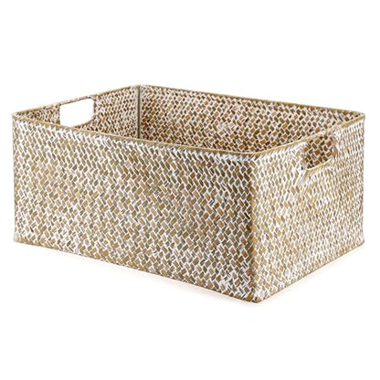 Hipiwe Seagrass Storage Basket Bin Rectangular Handwoven Wicker Storage Box with Handle Opened Baskets Box for Shelf Organizing Closet Bathroom, 15.7" L x 11.8" W x 7.5" H
