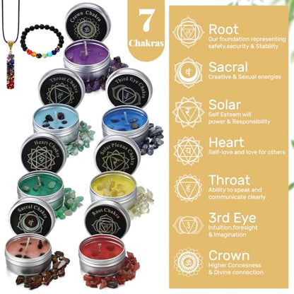 9 Pcs Chakra Candles Set with Healing Crystal Bracelet Necklace Spiritual Gifts for Women Meditation Scented Soy Aromatherapy Healing Candles Reiki Gifts for Positive Energy Yoga Relaxation