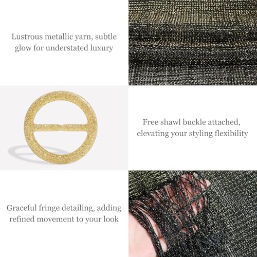 Sumolux Shawls Wraps for Evening Dresses Metallic Glitter Shawls Scarf for Women Sparkling Wedding with Free Buckle - color: Black With Gold Threads