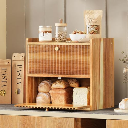 Trironsun Acacia Bread Box for Kitchen Countertop Wood Bread Storage Container Bin Double Layer BreadBox Farmhouse Large Capacity Food Organizer (Acacia Wood) - color: Acacia Wood