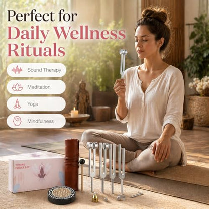 Tuning Forks for Healing Set, 128Hz 136.1Hz OM 256Hz 384Hz, Aluminum Alloy Sound Therapy Kit for Meditation, Yoga, Chakra Balancing and Reiki, Includes Mallet, Activator and Pouch
