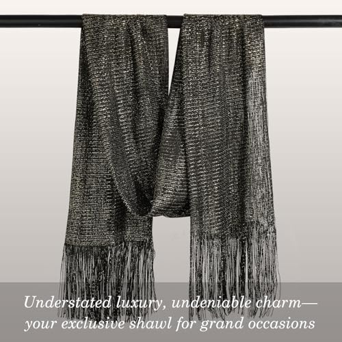 Sumolux Shawls Wraps for Evening Dresses Metallic Glitter Shawls Scarf for Women Sparkling Wedding with Free Buckle - color: Black With Gold Threads
