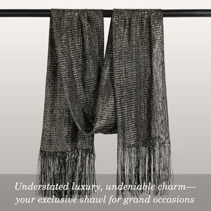 Sumolux Shawls Wraps for Evening Dresses Metallic Glitter Shawls Scarf for Women Sparkling Wedding with Free Buckle - color: Black With Gold Threads