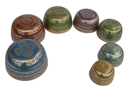 Khusi Tibetan Singing Bowl Set of 7, Handmade, 7 Colors, Chakra Healing, Relaxation, Stress Relief, Comes with Silk Cushions, 4 Sticks and Brocade Box