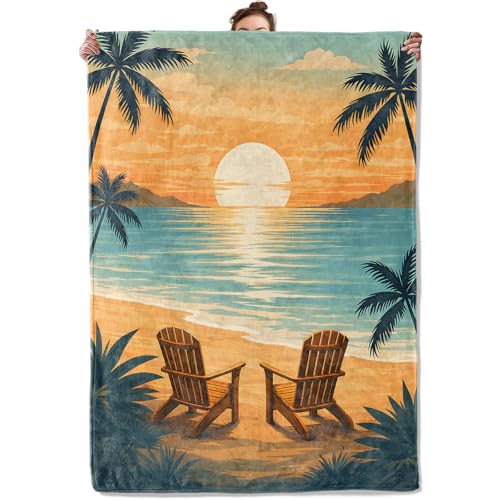 Tropical Sunset Beach Throw Blanket, Palm Tree and Chair, Soft Flannel Fleece, 40x50 Inch, Couch Sofa Blankets for Couples Travel Lovers, Cozy Retro Coastal Home Decor Gifts - color: Sunset Beach, size: 50x40 INCH