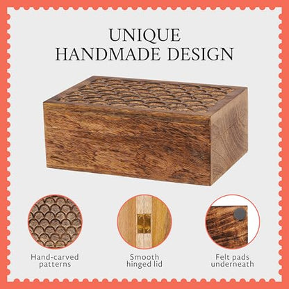 7.5” x 4.5” x 3” Mango Wood Box with Lid – Carved Scallop Medium Burnt – Handcrafted Wooden Keepsake Box – Medium Decorative Storage for Jewelry, Memory & Home Décor Accents