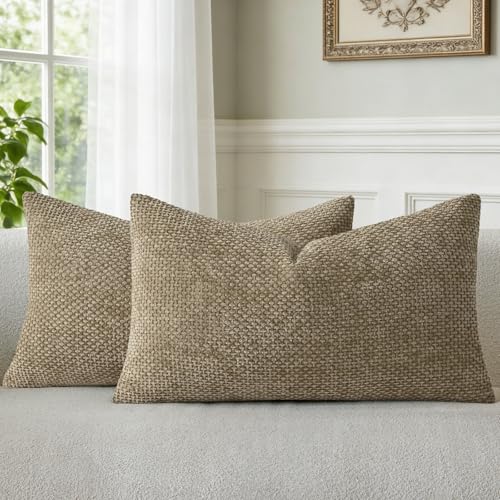 a moment Brown Chenille Throw Pillow Covers 12x20 Inch Pack of 2 Modern Decorative Throw Pillow Covers Farmhouse Cross Covers Home Decor for Sofa Bedroom Living Room - color: Brown, size: 20" x 12" (Pack of 2)