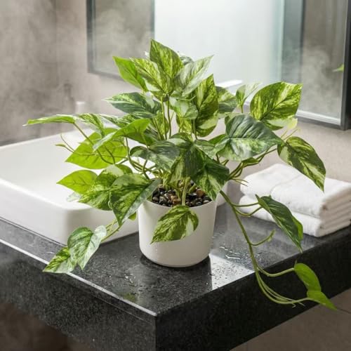 Artificial Plants Faux Pothos with Plastic White Pot Artificial Potted Plant for Home Office Bedroom Indoor Outdoor Decor 1 Pack(Light Green)