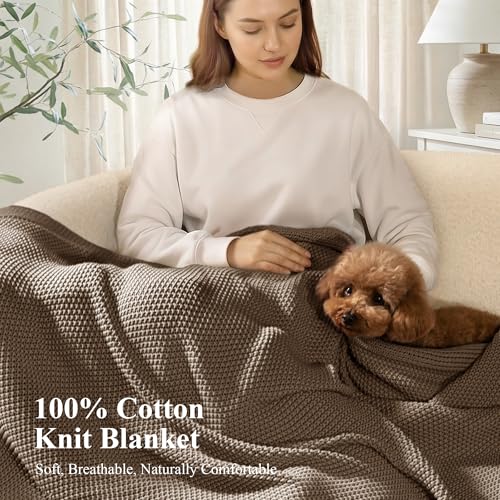 100% Cotton Cable Knit Throw Blanket, Lightweight Soft Knit Blanket for Sofa Couch Bed, Breathable All-Season Throw, Cozy Decorative Blanket, 50 x 60 Inch,Taupe
