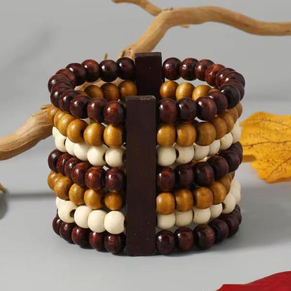 COLORFUL BLING Handmade Natural Wooden Beads Cuff Bracelet Woven Chunky Geometric Bangle for Women Summer Beach Boho Jewelry - color: mix round