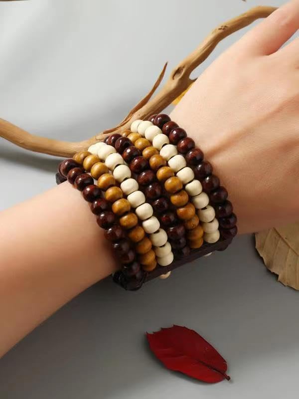 Stretch Wooden Beads Cuff Bracelets Multi Layered Natural Wood Beads Chunky Bangle Wooden Handmade Wide Bracelets Bohemia Jewelry for Women Men - color: B