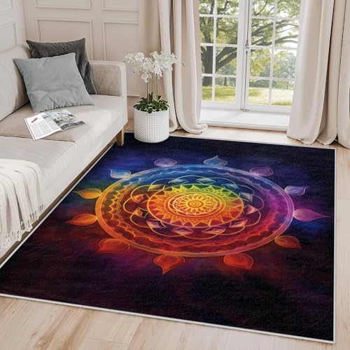 Chakra Rug for Meditation - Mandala Rug, 4x6 Rug, Spiritual Yoga Rainbow Area Rug, Colorful Carpet, Washable & Non Slip & Soft Large Rugs, Mandala Home Decor Gifts - color: Black, size: 4' x 6' (Rectangular)